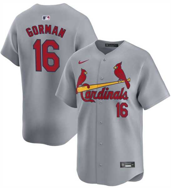 Mens St. Louis Cardinals #16 Nolan Gorman Gray 2024 Away Limited Stitched Baseball Jersey Dzhi